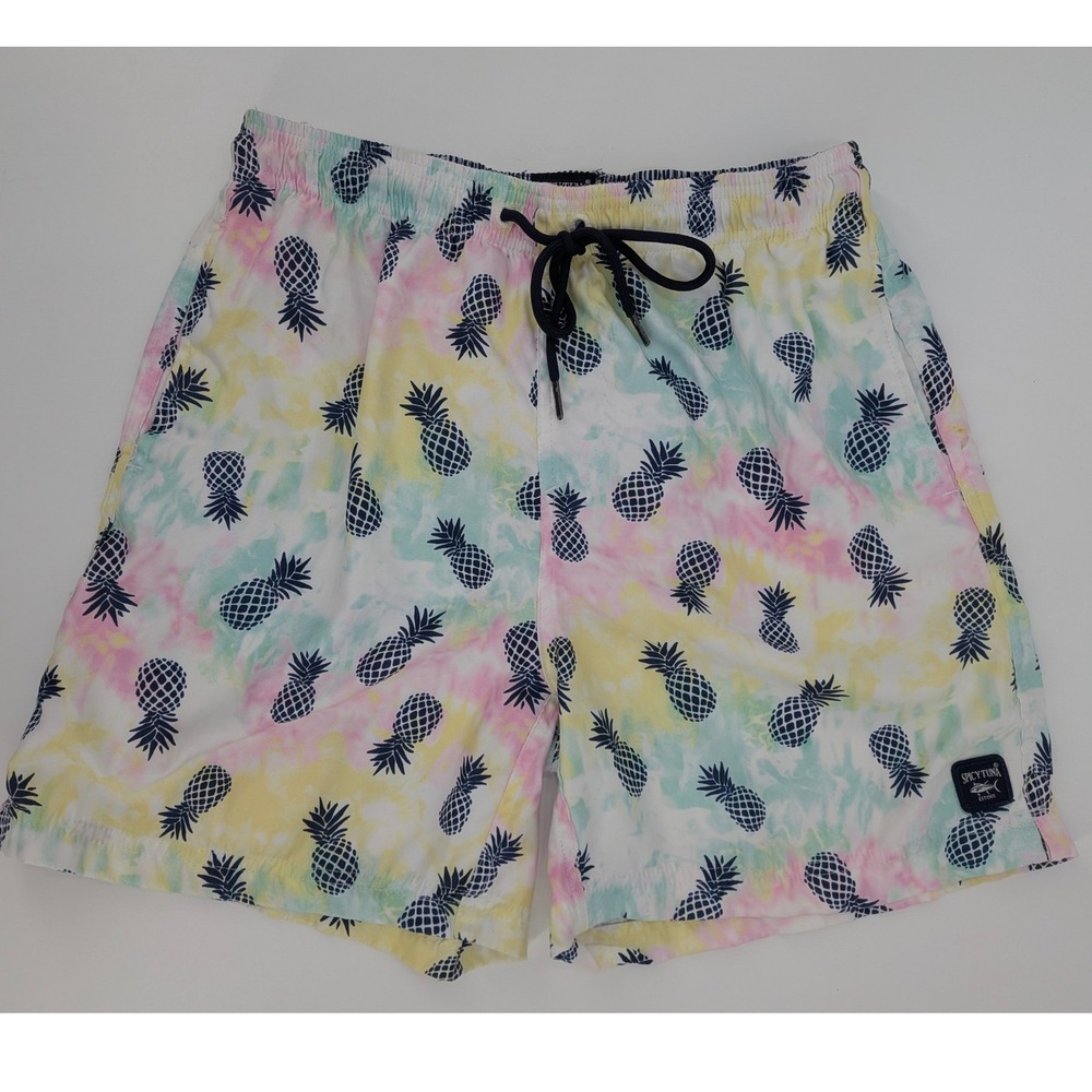 Spicy Tuna Mens Tie Dye Pineapple Print Swim Trunks Pastel Multicolor Medium
